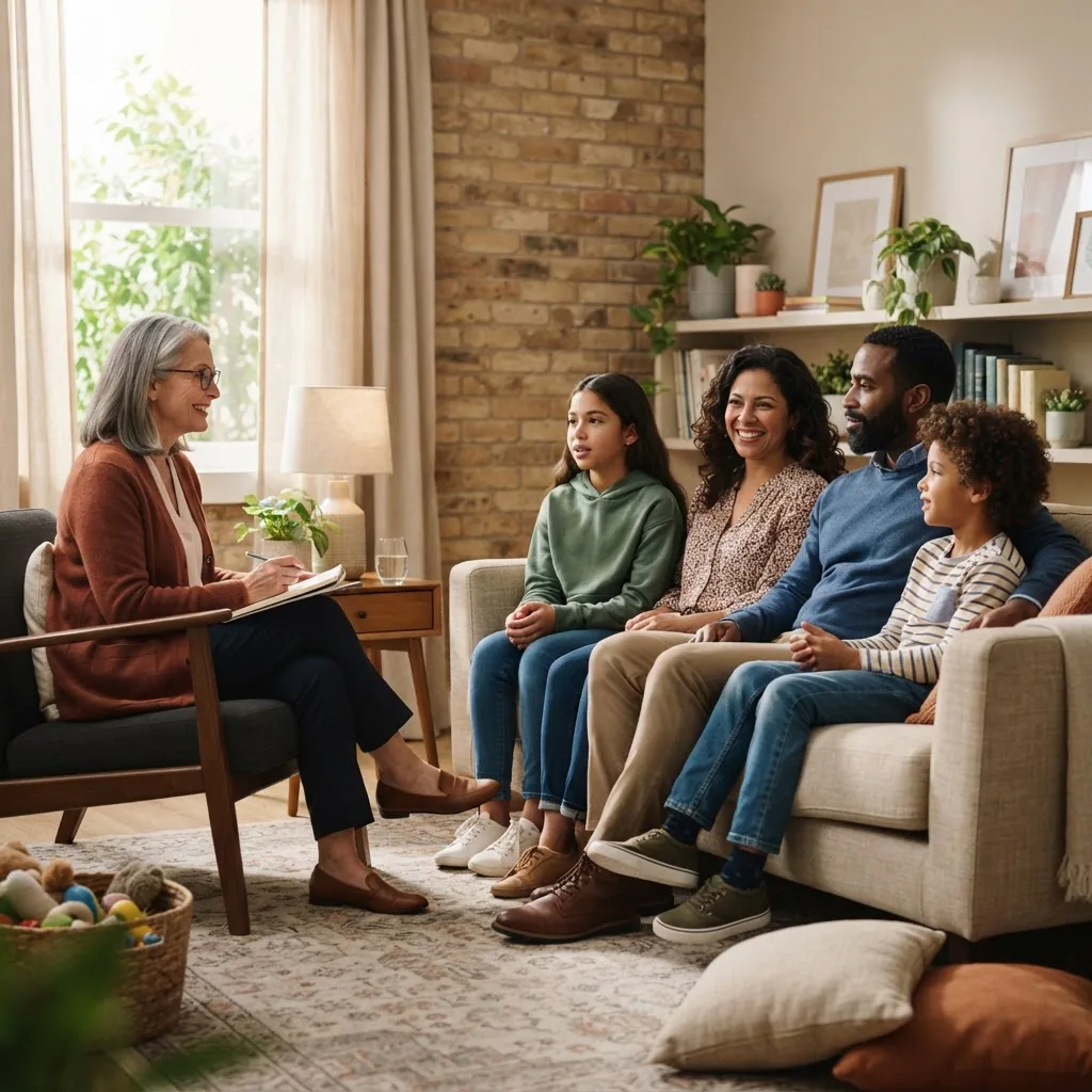 A warm, naturalistic therapy room showing a diverse family of four (two parents, two children) seated on a couch in conversation with a