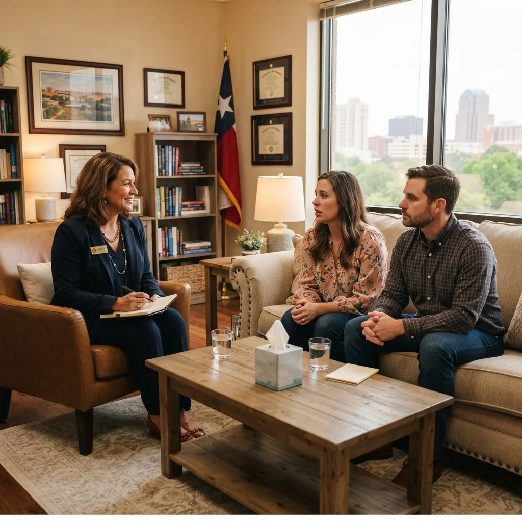 a licensed family therapist consulting with parents in a bright Fort Worth-style office, mid-shot, warm lighting, professional yet