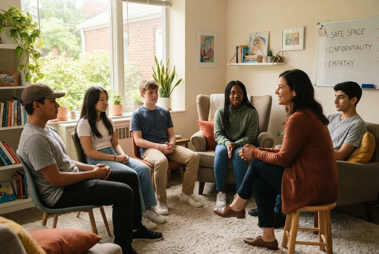 A wide, detailed photograph of a diverse group of adolescents in a bright counseling room, a therapist listening attentively, warm natural
