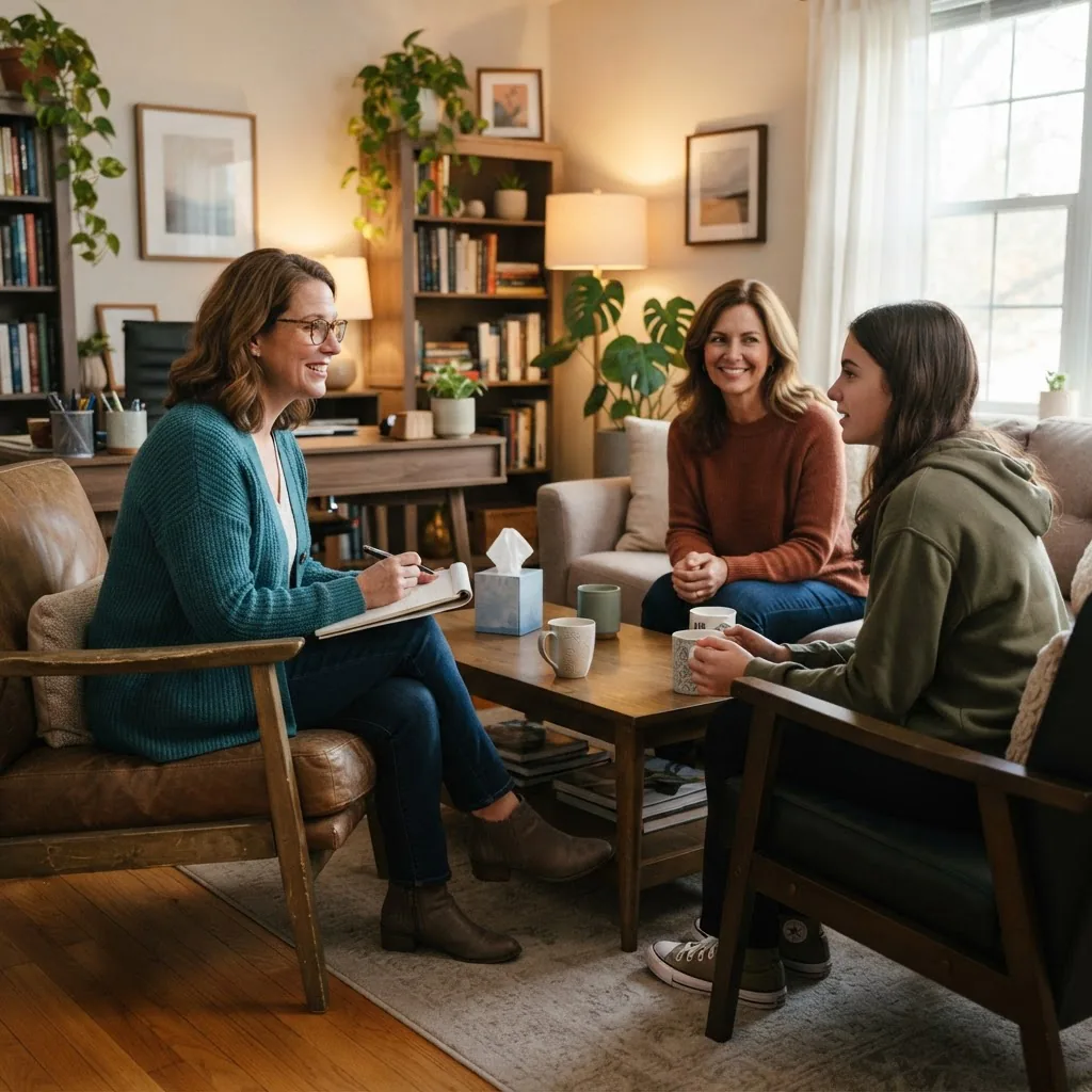 Photorealistic image showing a parent and teen in consultation with a therapist in a cozy office, all three engaged in conversation, warm