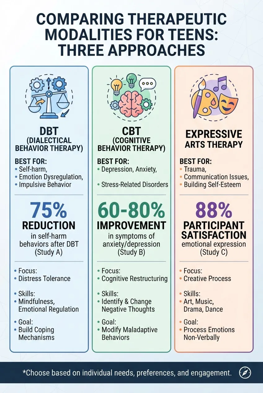 comparing three therapeutic modalities for teens in three columns: DBT (icon, "Best For: self-harm, emotion dysregulation", one stat), CBT