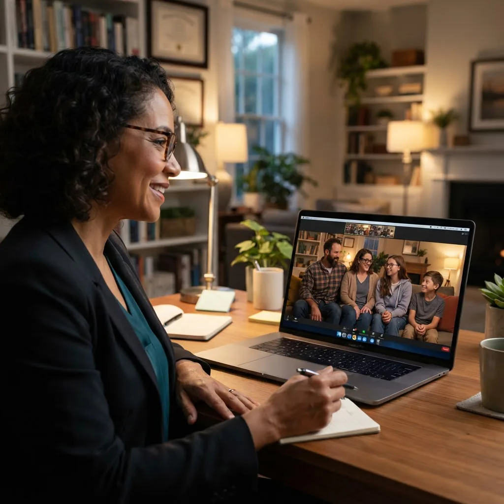 a therapist on a laptop screen during a family telehealth session, family of four visible on the screen in their living room, soft evening