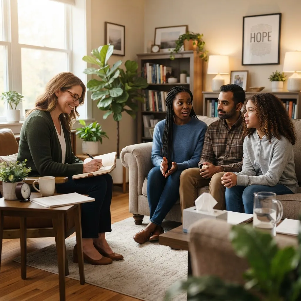 a therapist writing notes during a family counseling session, cozy office, soft side lighting, diverse family of three speaking,
