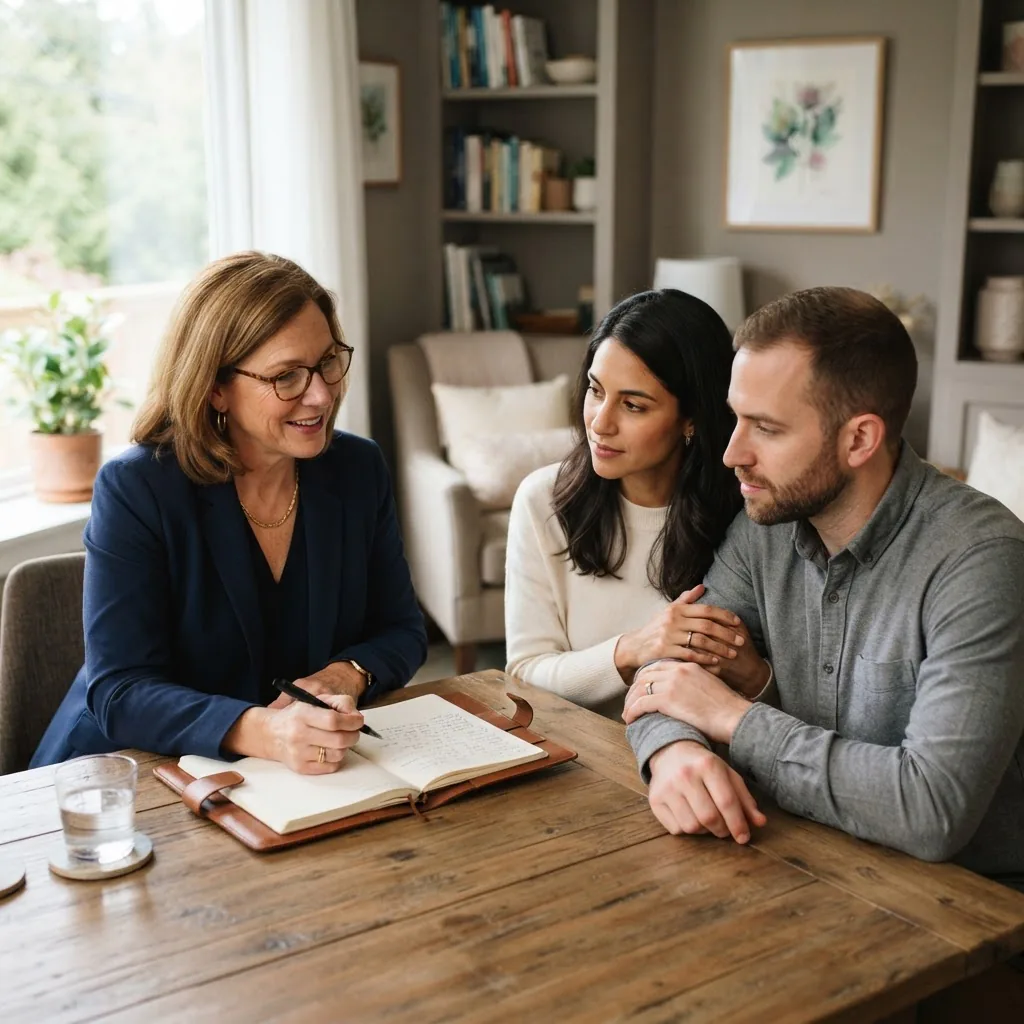 a therapist consulting with a couple in a bright office, reviewing notes, close angle, natural light, calm professional atmosphere
