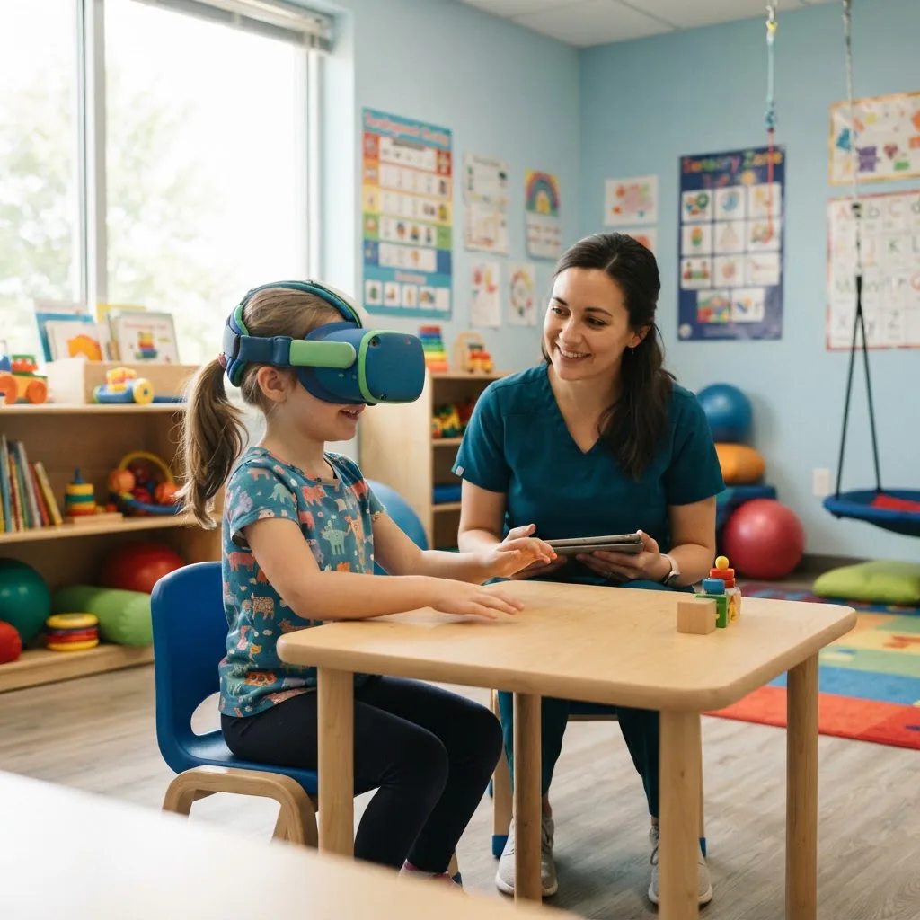 A child in a bright pediatric therapy room wearing a child-sized VR headset while a therapist sits nearby, clinical but friendly setting,