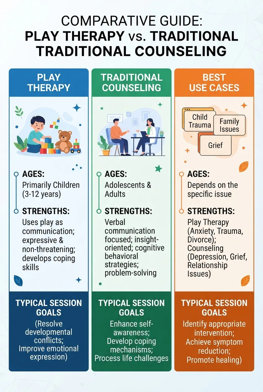 A clean three-column infographic comparing Play Therapy, Traditional Counseling, and Best Use Cases; each column has an icon, two short