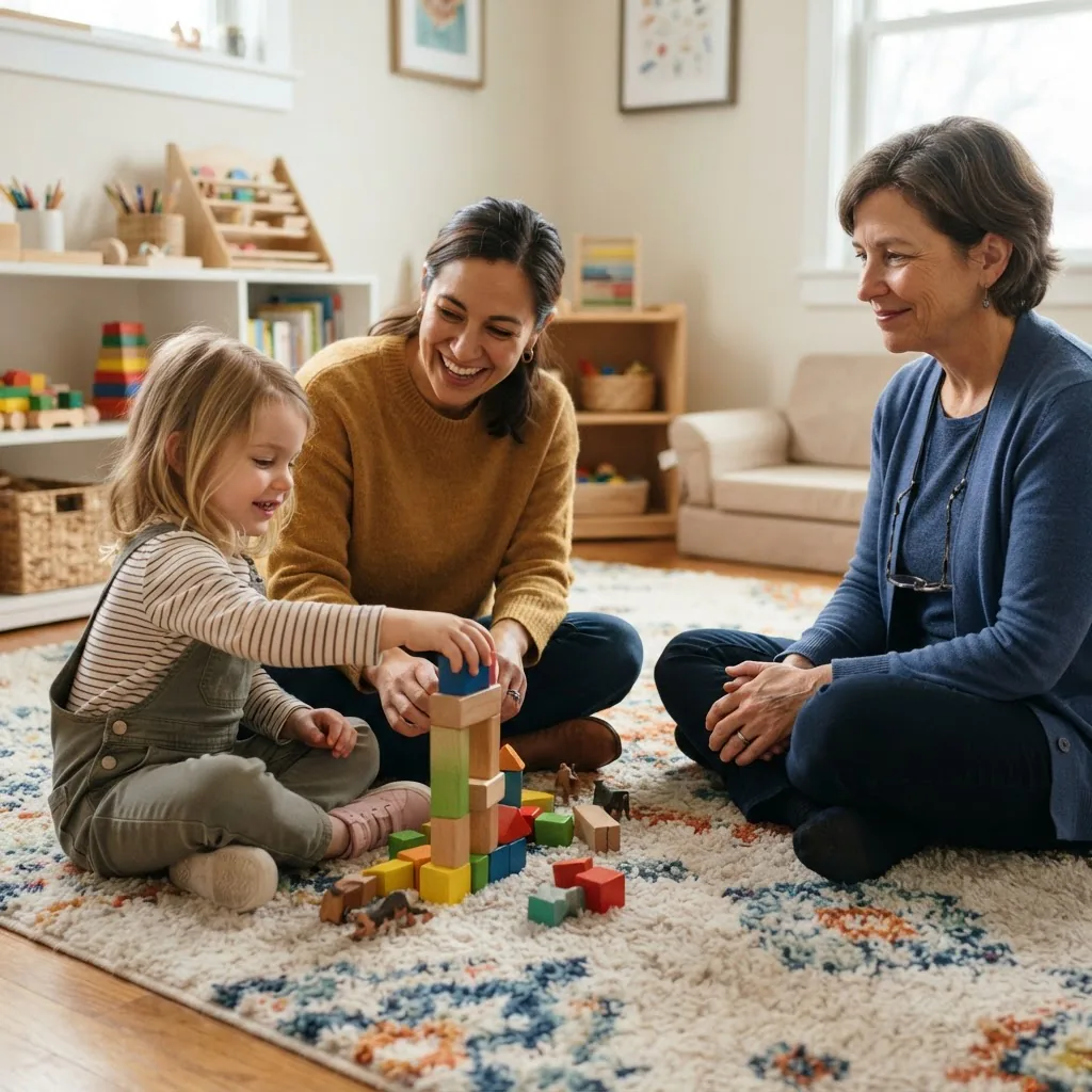 a caregiver and young child interacting with a therapist on a soft rug in a therapy room; the therapist observes supportively while the