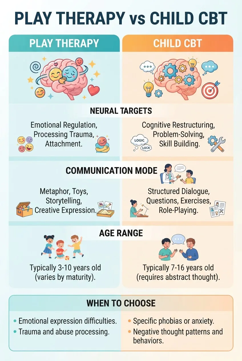titled "Play Therapy vs Child CBT" with two columns: left column icon of an emotional brain for Play Therapy, right column icon of a
