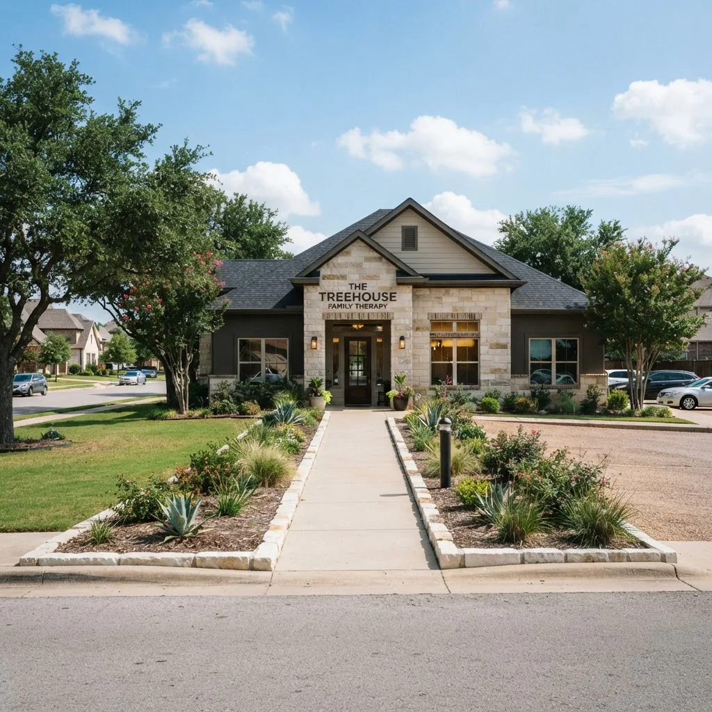 the exterior of a family therapy clinic building in a Fort Worth suburban setting, daytime, accessible entrance and clear pathway, neutral