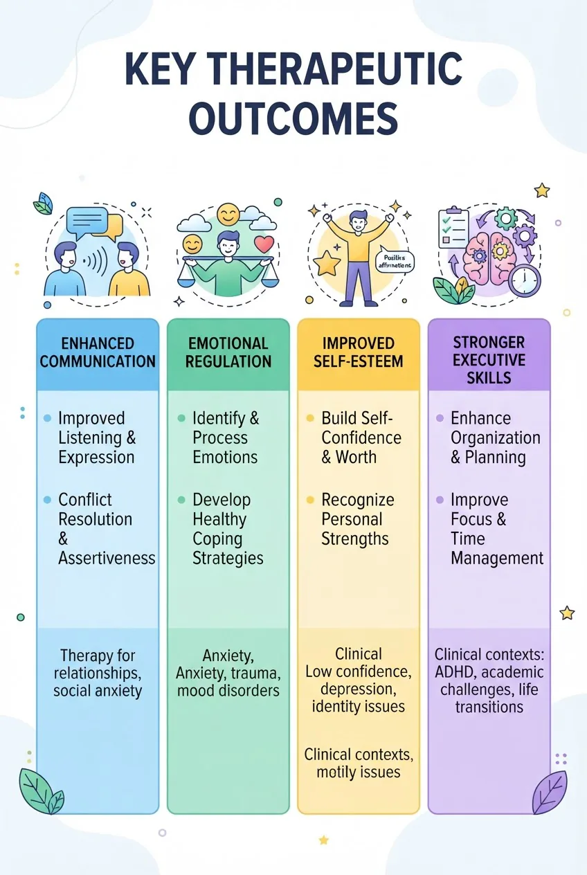 A clean, modern infographic with four vertical columns: Enhanced communication, Emotional regulation, Improved self-esteem, Stronger