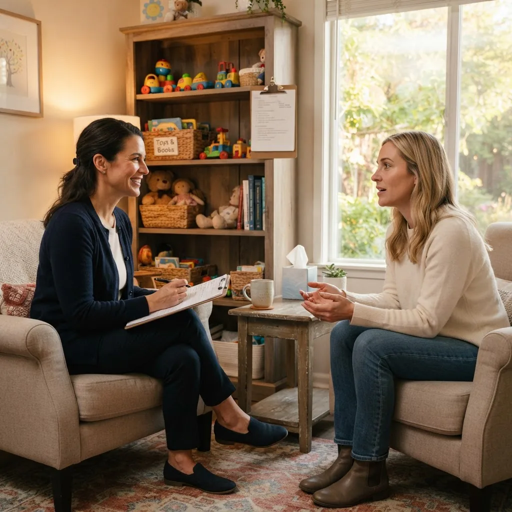 a therapist consulting with a parent in a cozy office, a clipboard and toys visible on a shelf behind them, warm daylight through a window,