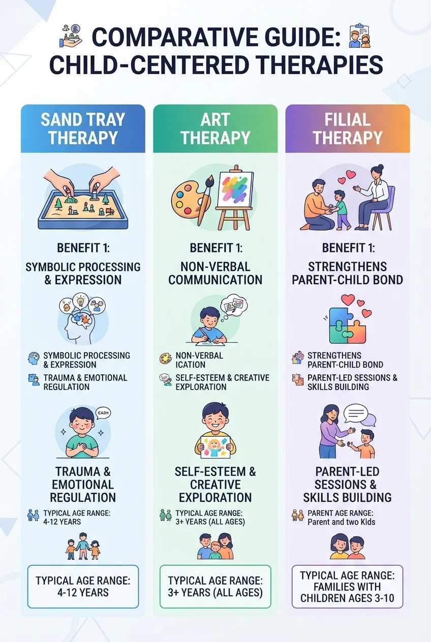 with three columns comparing Sand Tray Therapy, Art Therapy, and Filial Therapy; each column has an icon, two short benefit bullets (e.g.,