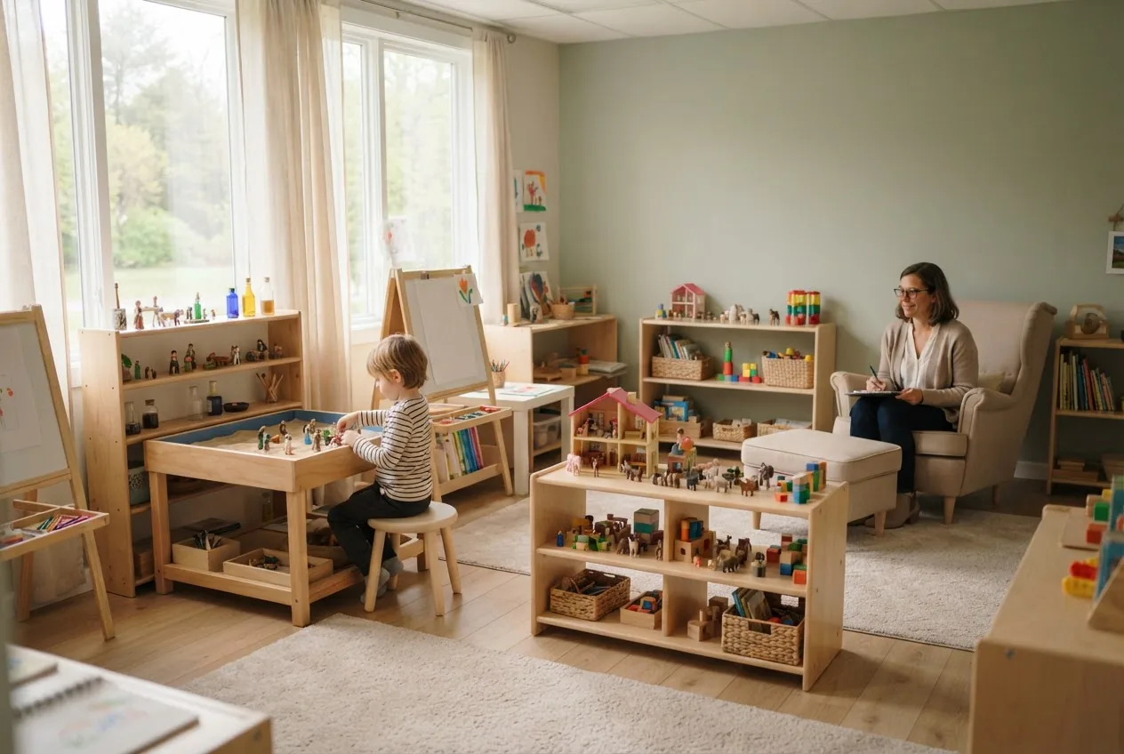 a child-centered play therapy room with natural light, soft colors, a sandtray, art materials, small toys neatly arranged, a therapist
