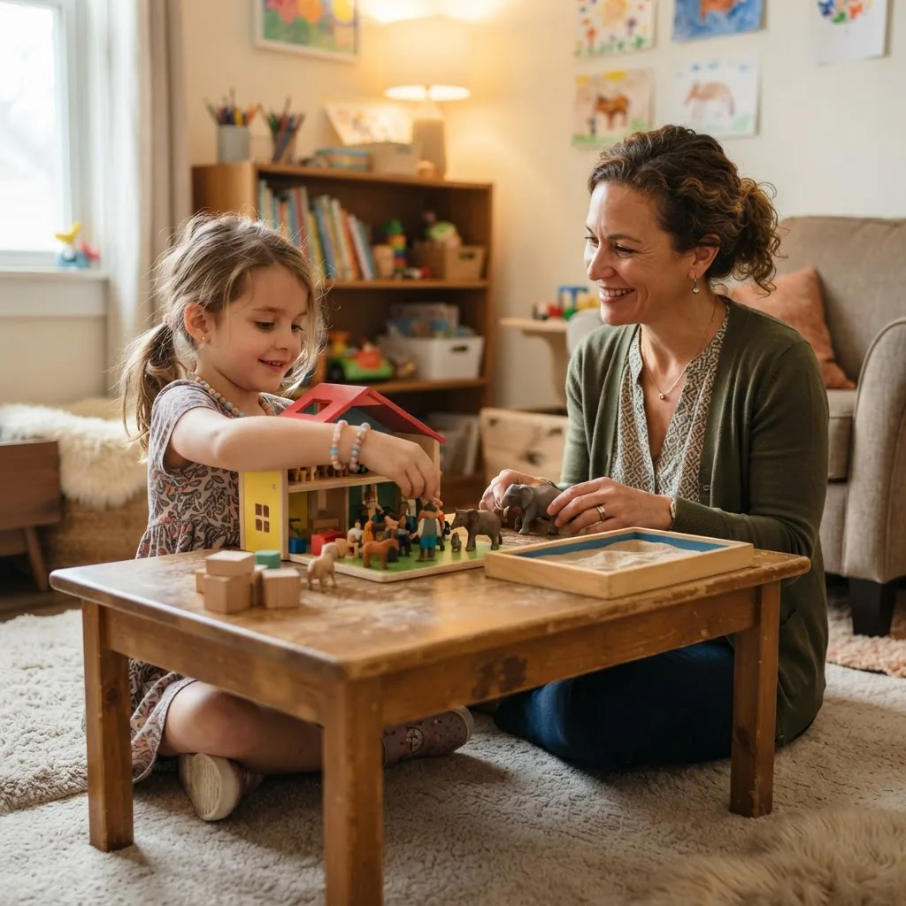 A photorealistic image of a child and therapist engaging in play therapy with toys on a low table; warm lighting, therapist attentive and