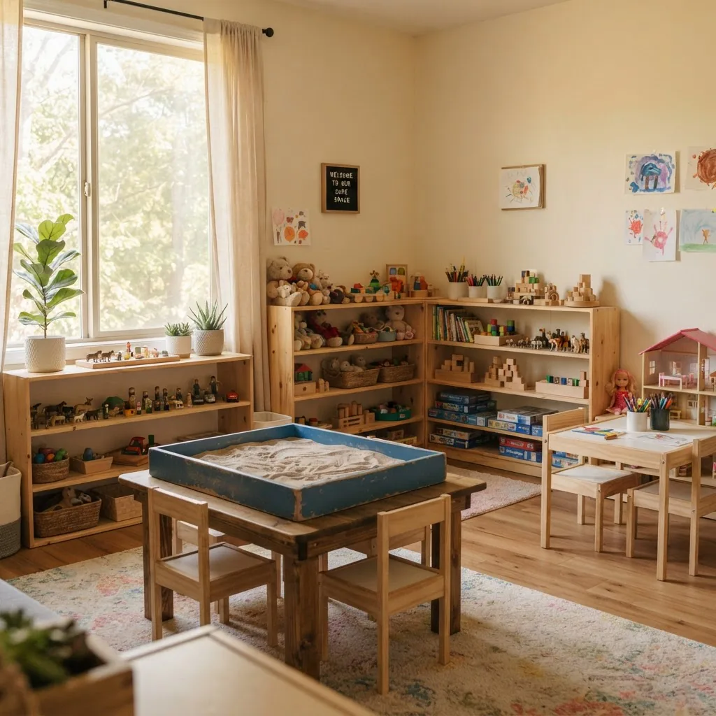 a bright child therapy playroom with a sand tray, toys on low shelves, small table and chairs, soft natural light, warm inviting