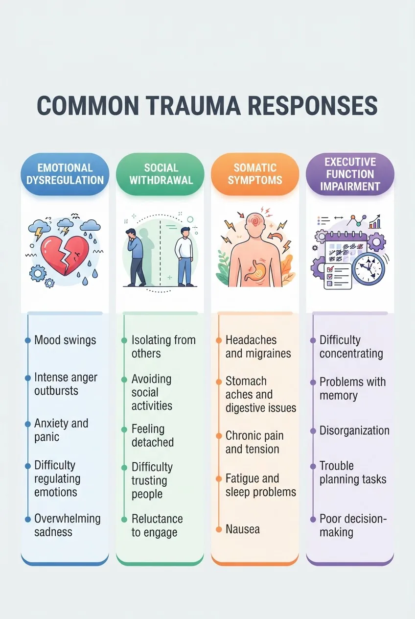 lists four columns: Emotional Dysregulation (icon of broken heart) with brief examples; Social Withdrawal (icon of two figures separated)