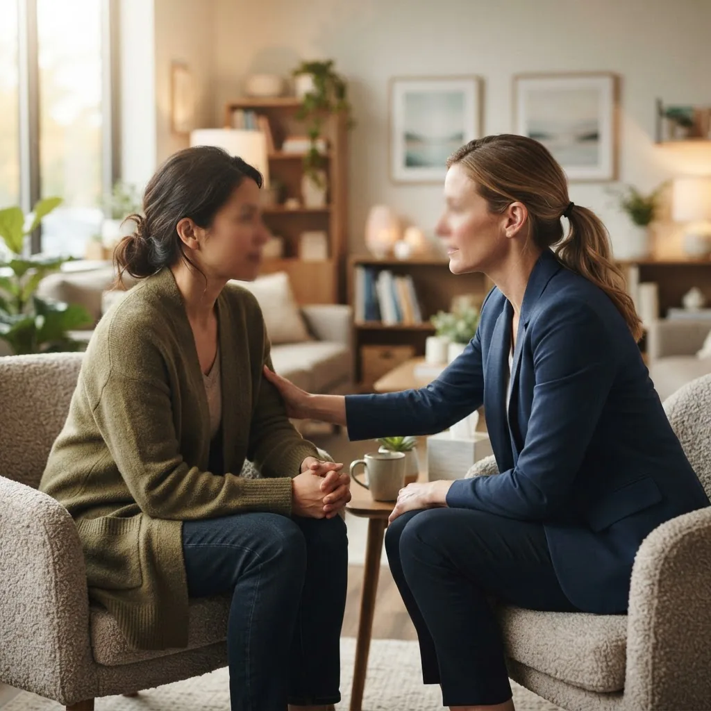 a caring therapist speaking with a parent in a modern clinic seating area, medium close-up, natural light, warm professional atmosphere—no