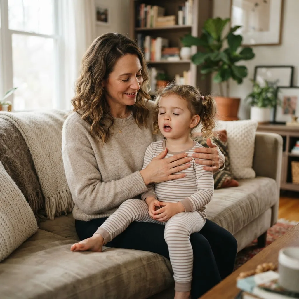 A parent practicing calming breathing with a young child at home, seated on a couch, natural light, close-up, warm tones, showing gentle