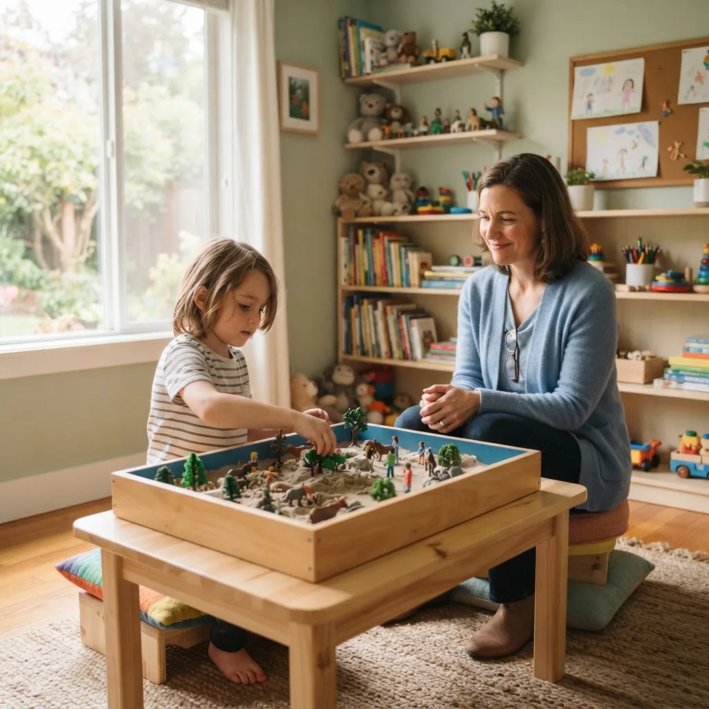 A warm, sunlit child therapy room with a child and therapist engaging in sandtray play, therapist observing supportively, soft colors,
