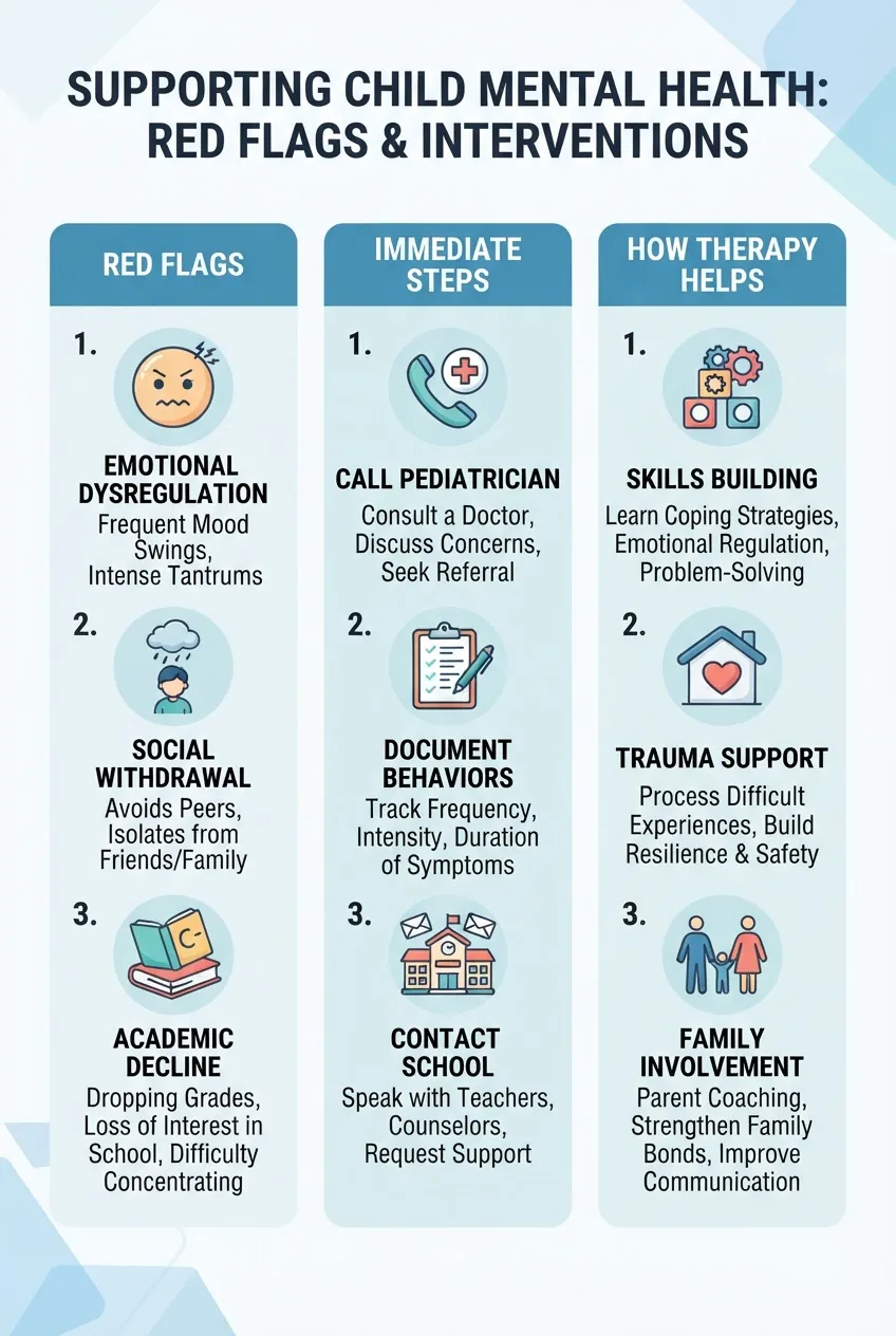 with three columns: left column titled Red Flags with icons and brief bullets for emotional dysregulation, social withdrawal, academic