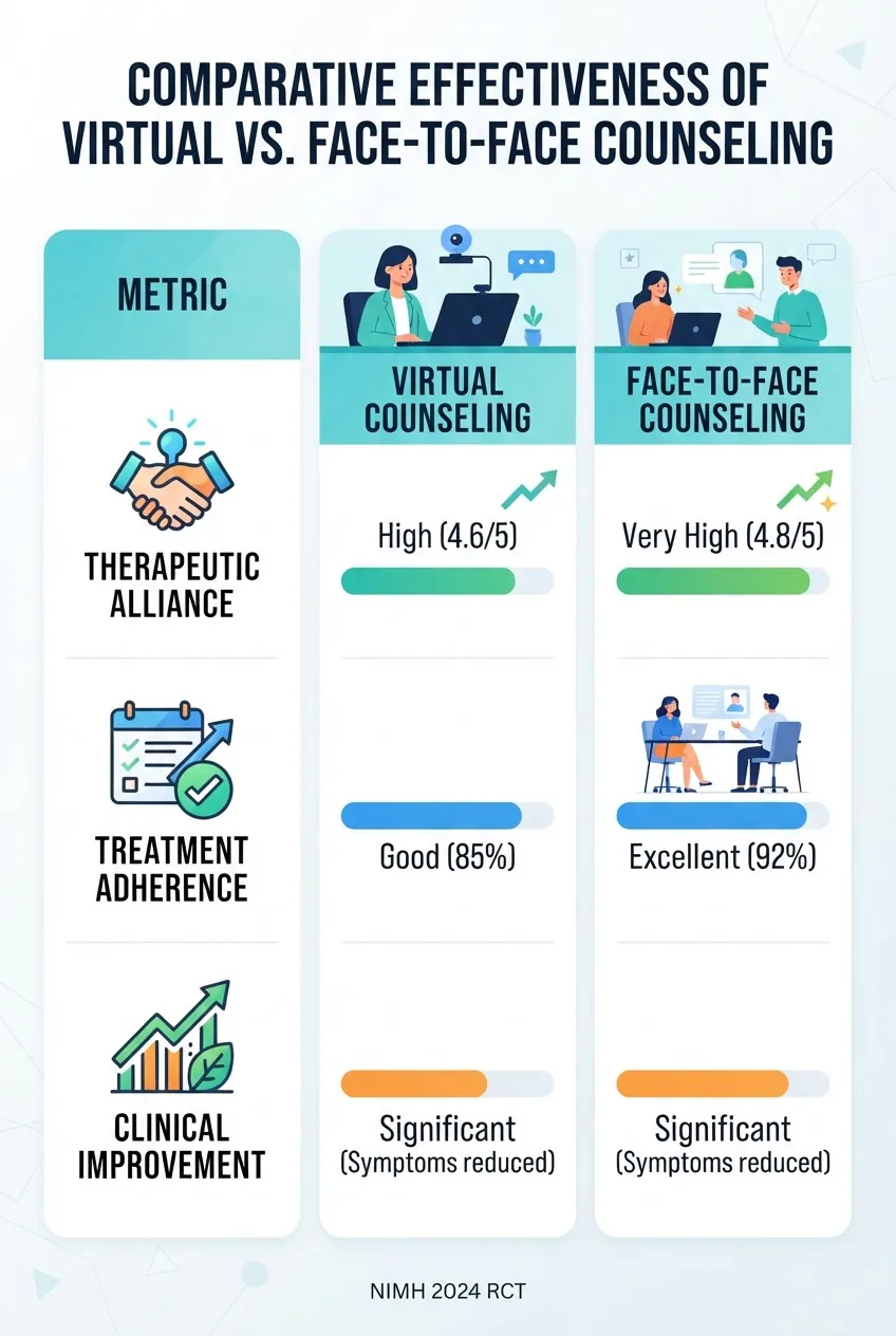 with three columns comparing Metric, Virtual Counseling, and Face-to-Face Counseling. Include icons for therapeutic alliance, adherence,