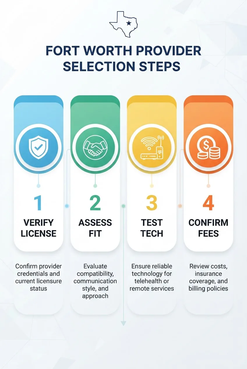 displays four vertical steps: 1 Verify license (icon: shield), 2 Assess fit (icon: handshake), 3 Test tech (icon: wifi), 4 Confirm fees
