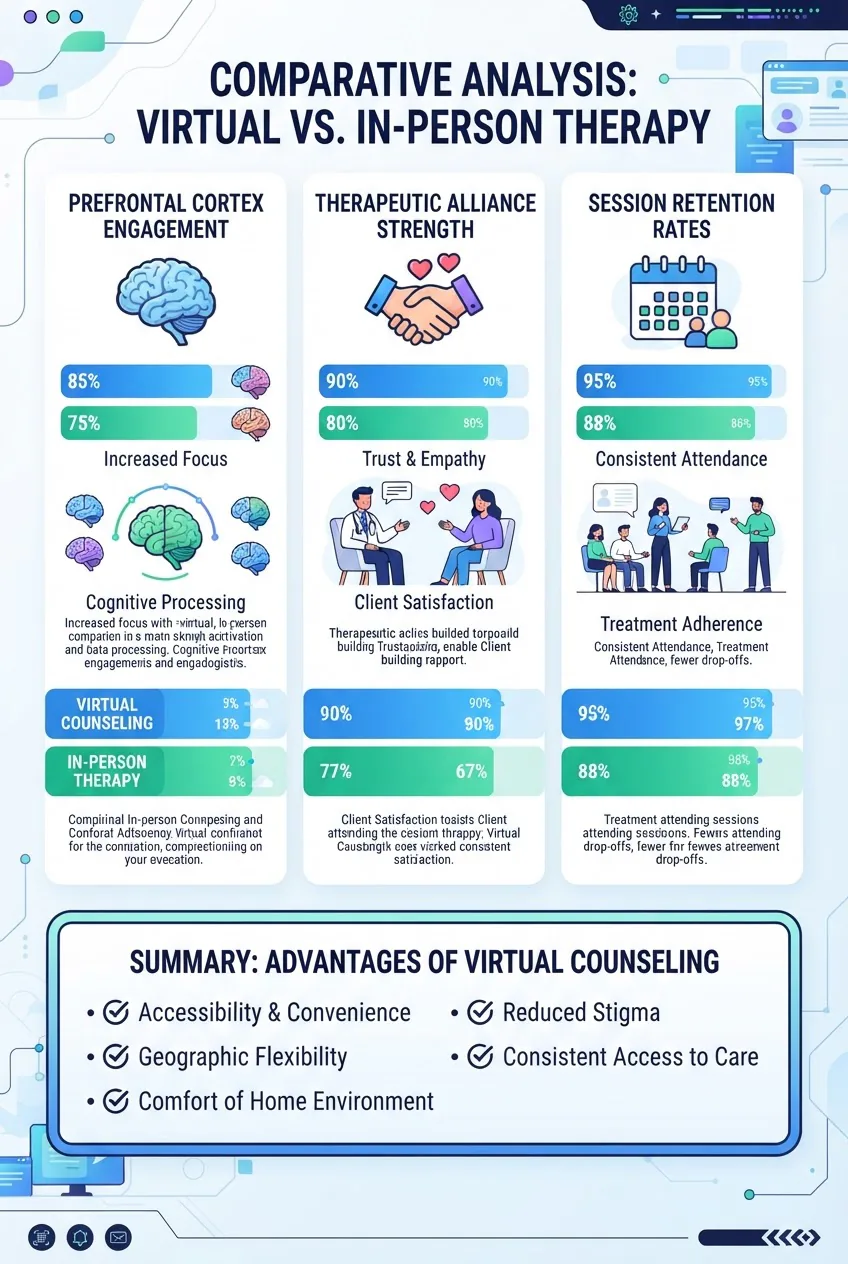 compares three factors (prefrontal cortex engagement, therapeutic alliance strength, session retention rates) side-by-side with icons,