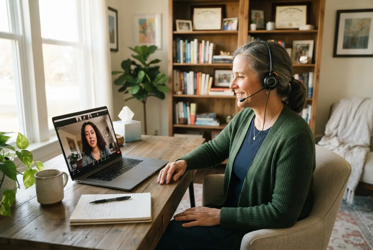 a licensed therapist conducting a virtual counseling session via laptop with a patient visible on screen, home office setting, soft natural