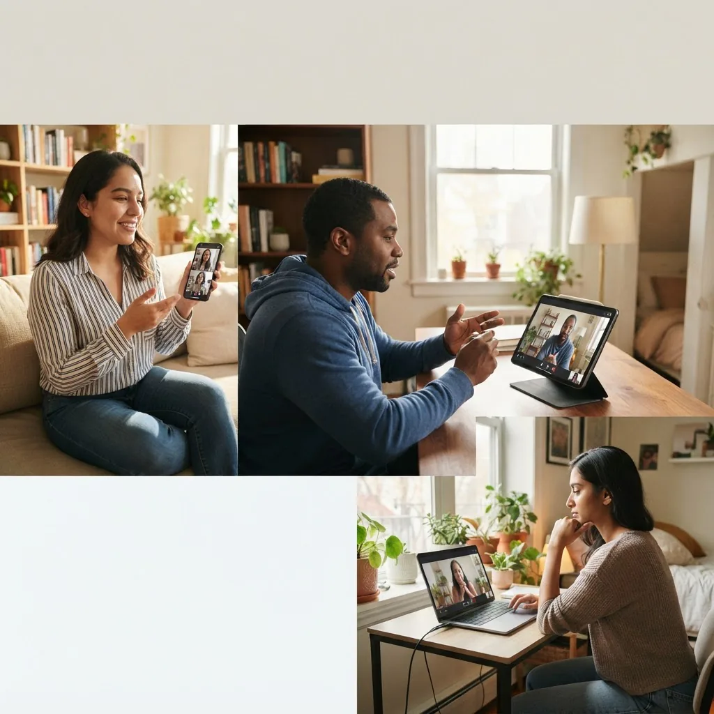 three diverse adults using a smartphone, tablet and laptop during virtual counseling in different home environments, warm natural lighting,