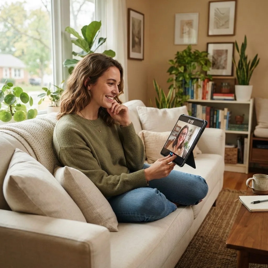 a relaxed person on a couch participating in a video therapy session on a tablet, soft daylight, comfortable living room, expression