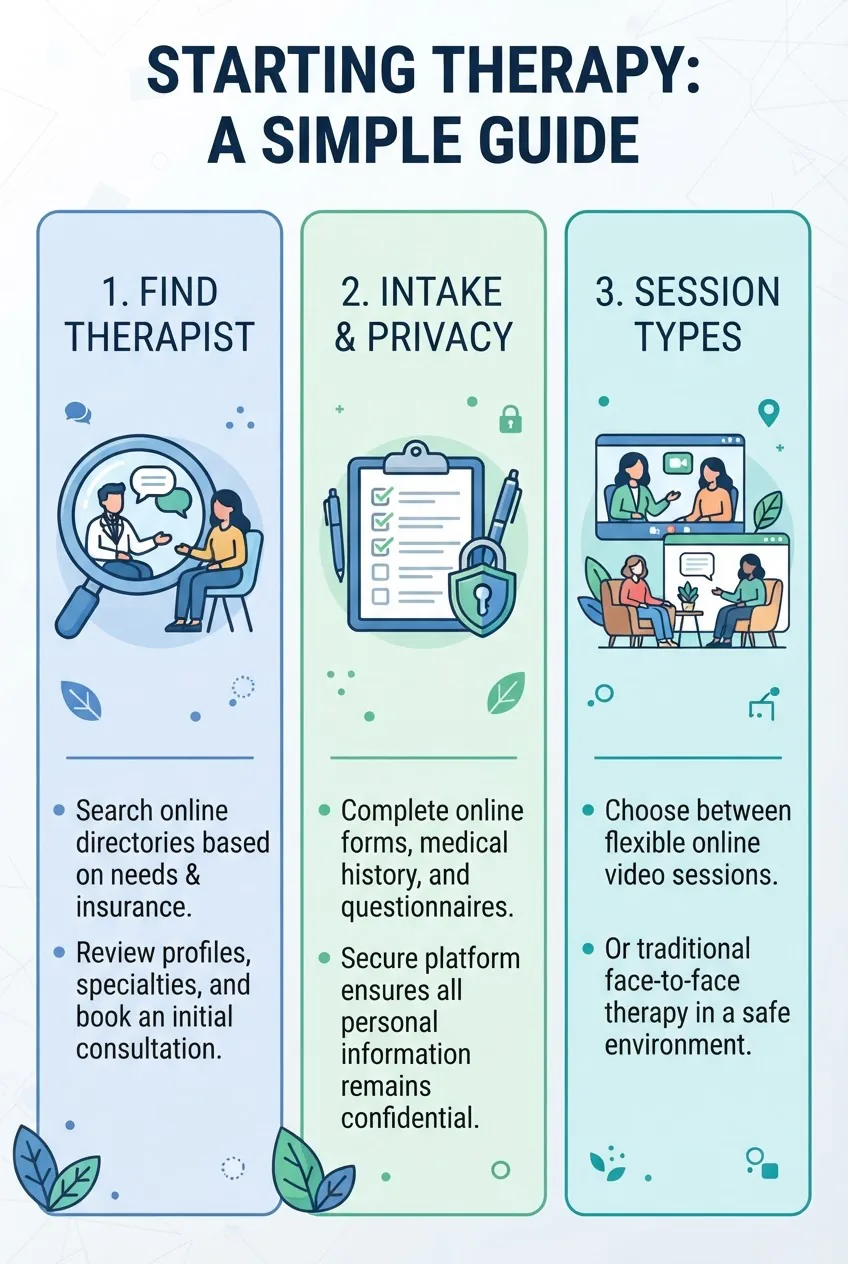 with three vertical panels: 1) Find therapist—icon and two short bullets; 2) Intake & privacy—icon and two bullets; 3) Session types—icon
