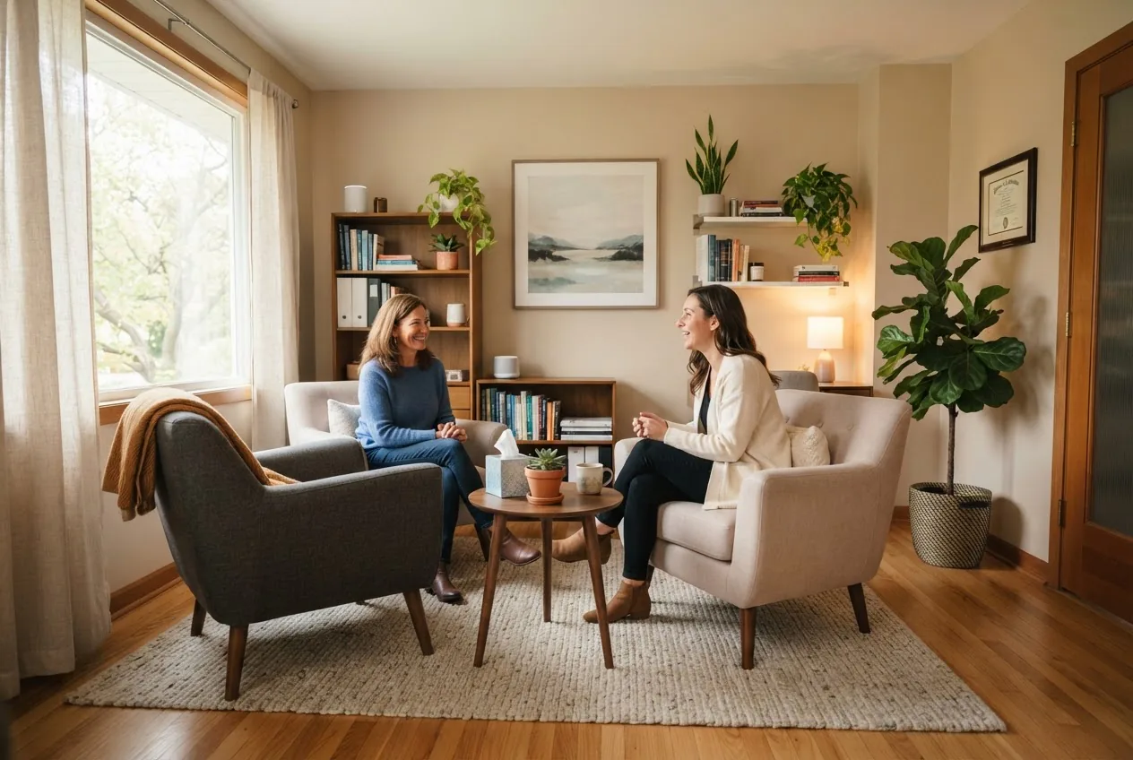 a modern counseling office interior with two comfortable chairs, soft natural light, potted plants, neutral decor, and a small table with