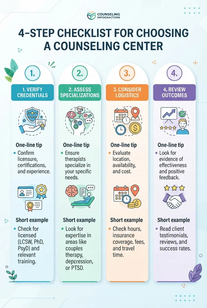 visualizes a 4-step checklist for choosing a counseling center: Verify credentials, Assess specializations, Consider logistics, Review