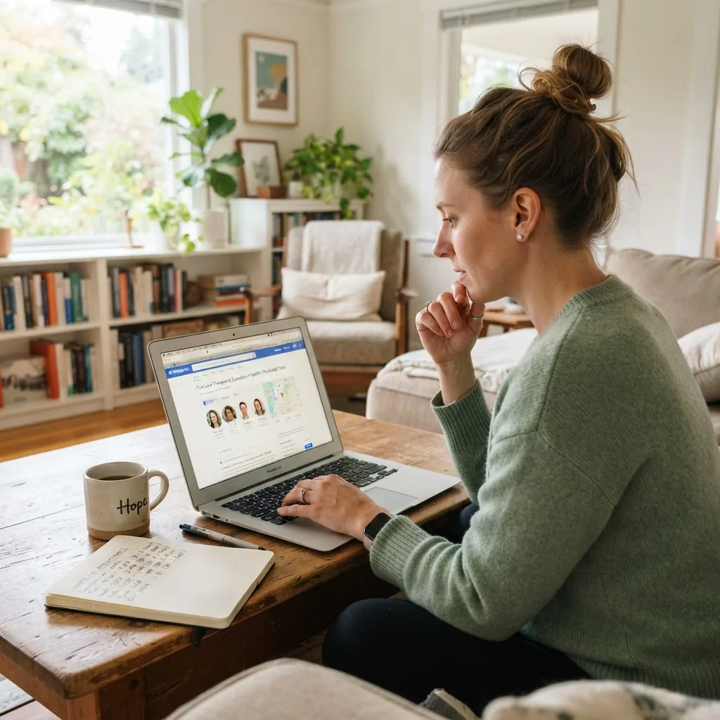 a person using a laptop to search for local counseling services, showing a clean living-room setting, daylight, and a notepad with