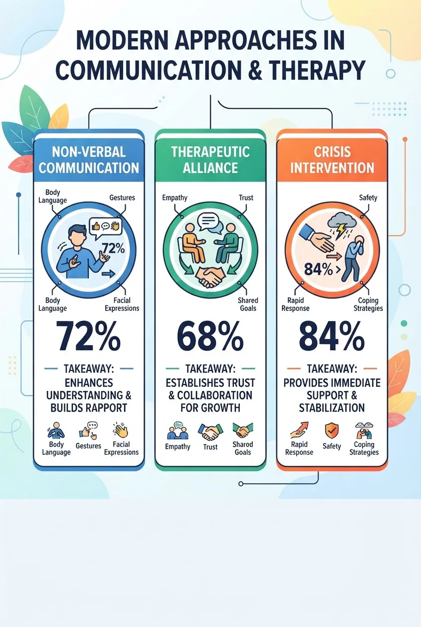 comparing Non-verbal Communication (72%), Therapeutic Alliance (68%), and Crisis Intervention (84%), each column with a simple icon and