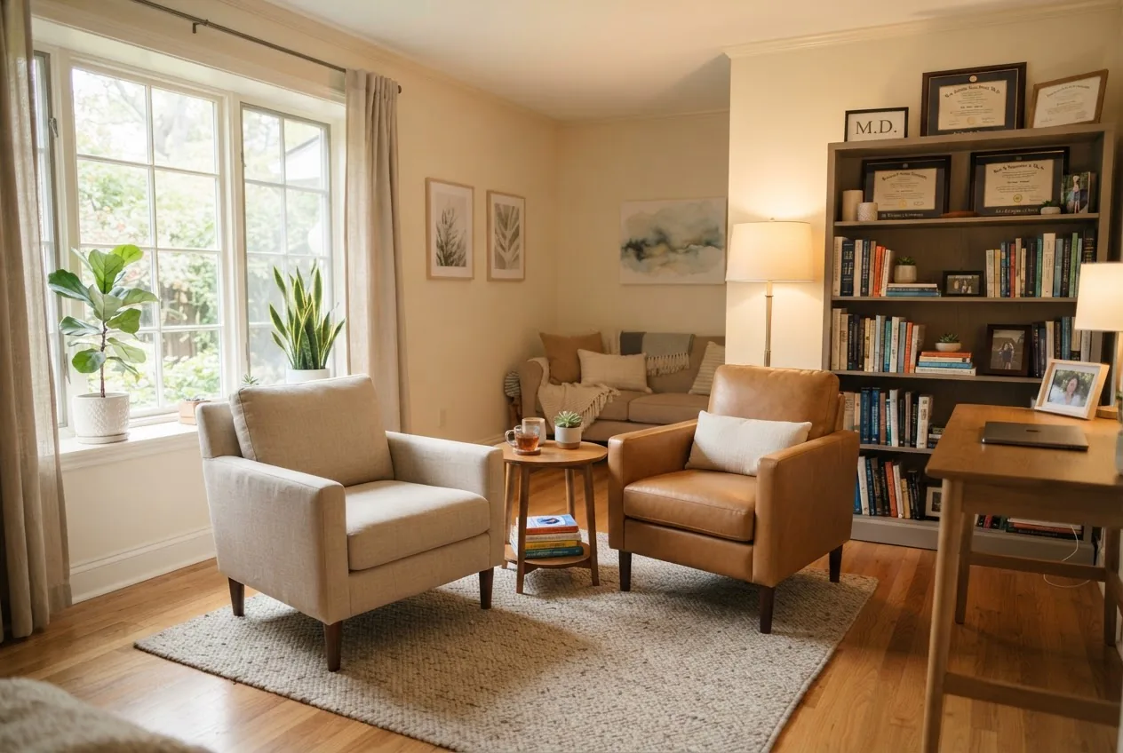 a comfortable therapy office with two chairs facing each other, soft natural light through a window, warm neutral tones, plants, and a