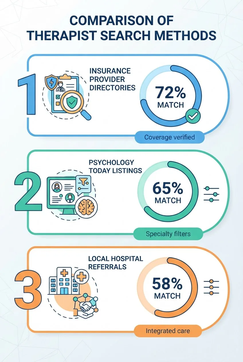 comparing search methods: insurance provider directories (72% match, 'Coverage verified'), Psychology Today listings (65% match, 'Specialty