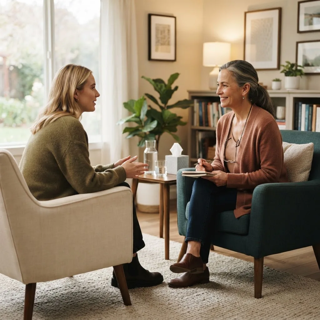 a therapist and client in a daytime therapy session, mid-shot, therapist listening attentively, natural light, neutral office setting, warm