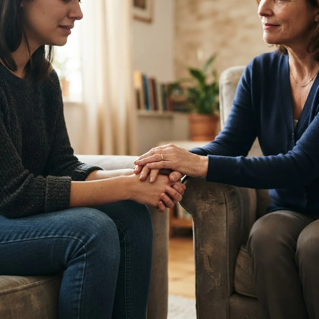 a therapist and client engaging in empathetic nonverbal communication, close-up of hands and posture in a private therapy room, soft