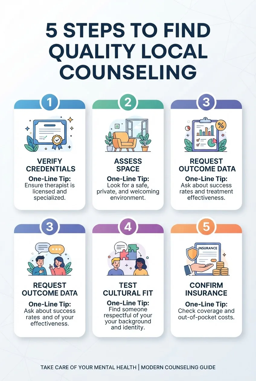 five numbered steps to find quality local counseling: verify credentials, assess space, request outcome data, test cultural fit, confirm