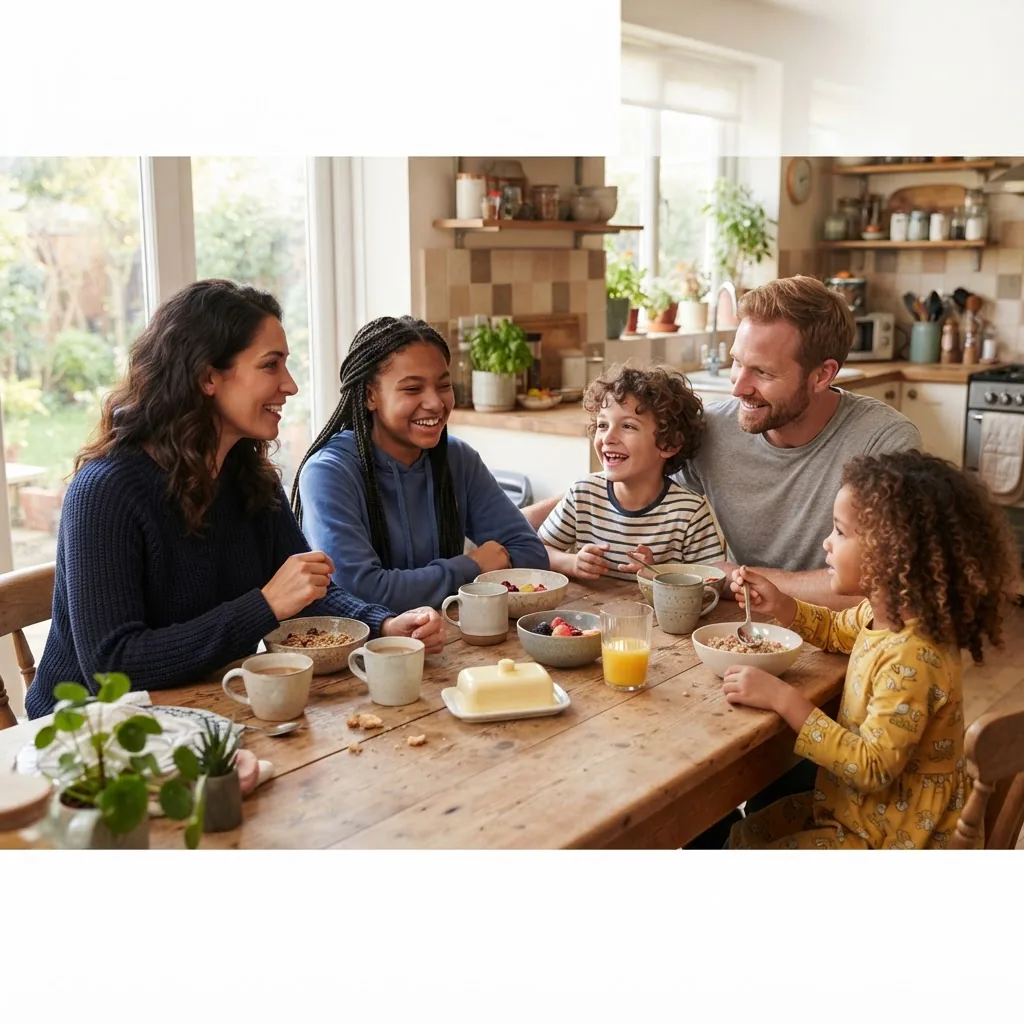 a blended family having a calm conversation around a kitchen table: two adults and three children of mixed ages, warm morning light,