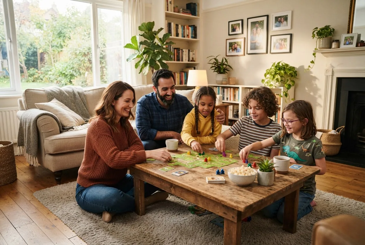 a blended family spending relaxed time in a living room—two adults and three children engaging in a collaborative game around a coffee