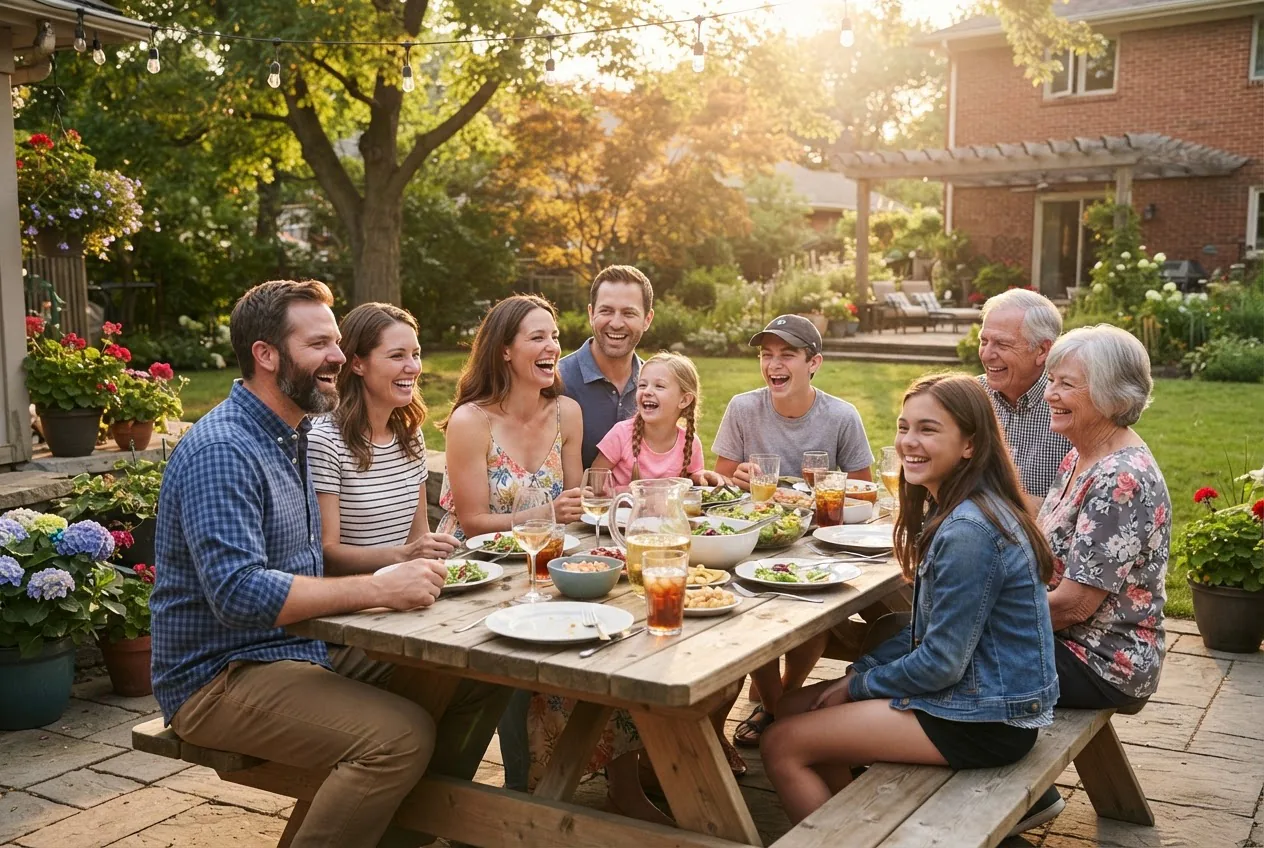 a multi-generational blended family outside in a backyard patio, parents and step-parents laughing with children around a picnic table in