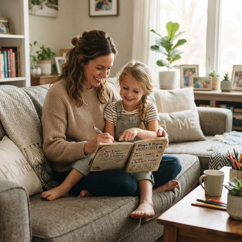 a parent and child doing a weekly family check-in on a couch with a notebook, soft afternoon light, relaxed, caring atmosphere