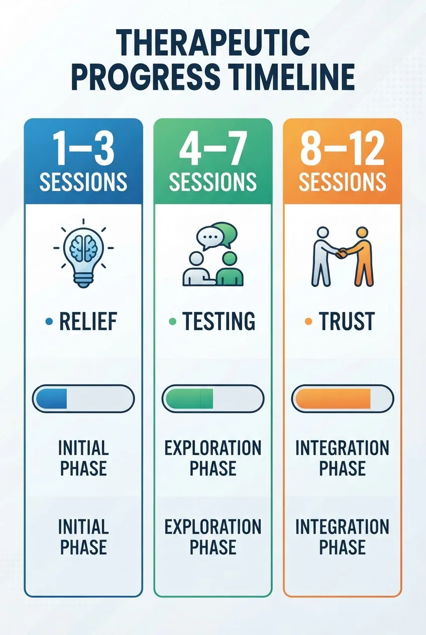 with three vertical columns labeled "1–3 sessions", "4–7 sessions", and "8–12 sessions"; each column includes a simple icon, one short
