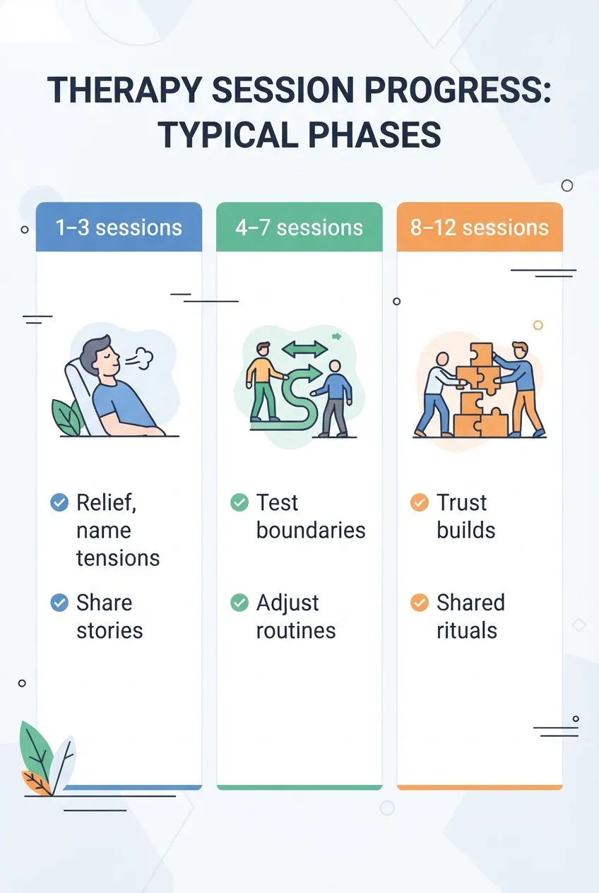 shows three vertical columns labeled "1–3 sessions", "4–7 sessions", and "8–12 sessions"; each column has a simple icon and two short