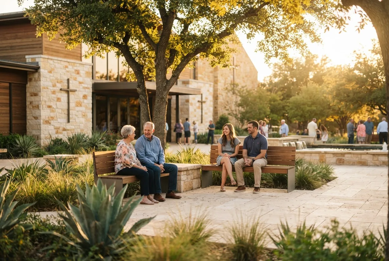 a modern Fort Worth church courtyard with a few people talking quietly on benches, warm afternoon light, shallow depth of field, inviting