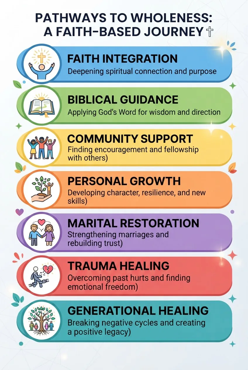 seven stacked panels, each with an icon and one-line benefit: Faith Integration, Biblical Guidance, Community Support, Personal Growth,