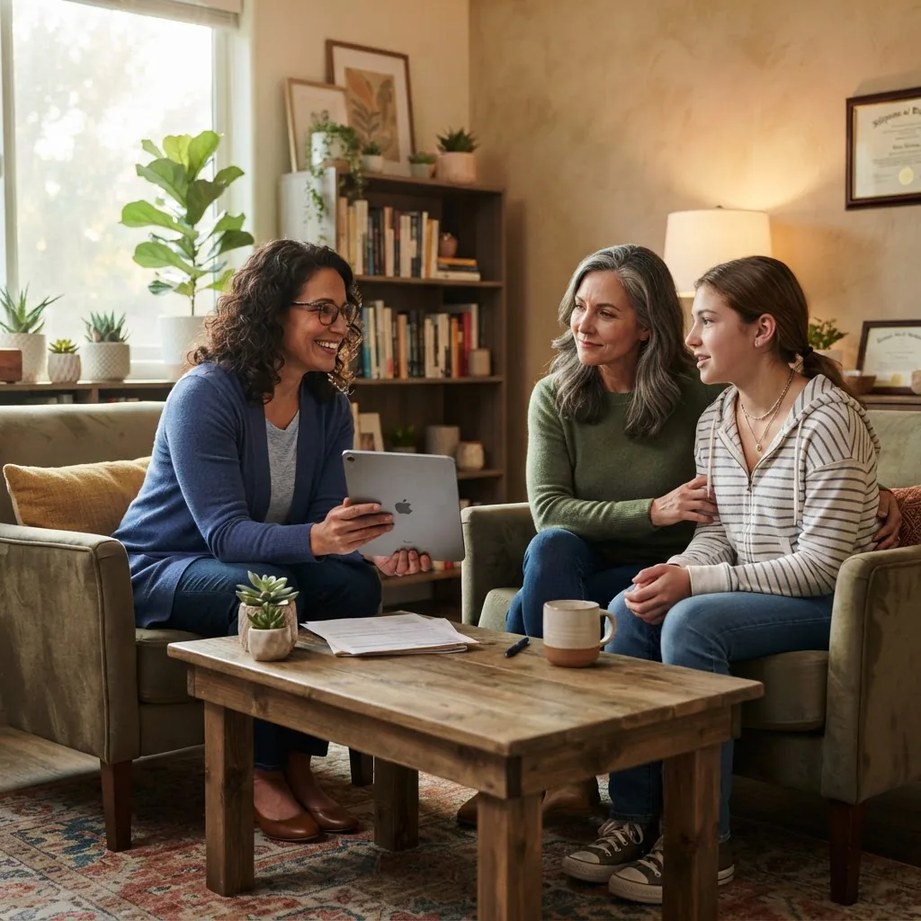 Photorealistic image of a parent and teenager meeting a counselor in an inviting office, counselor reviewing intake forms on a tablet,