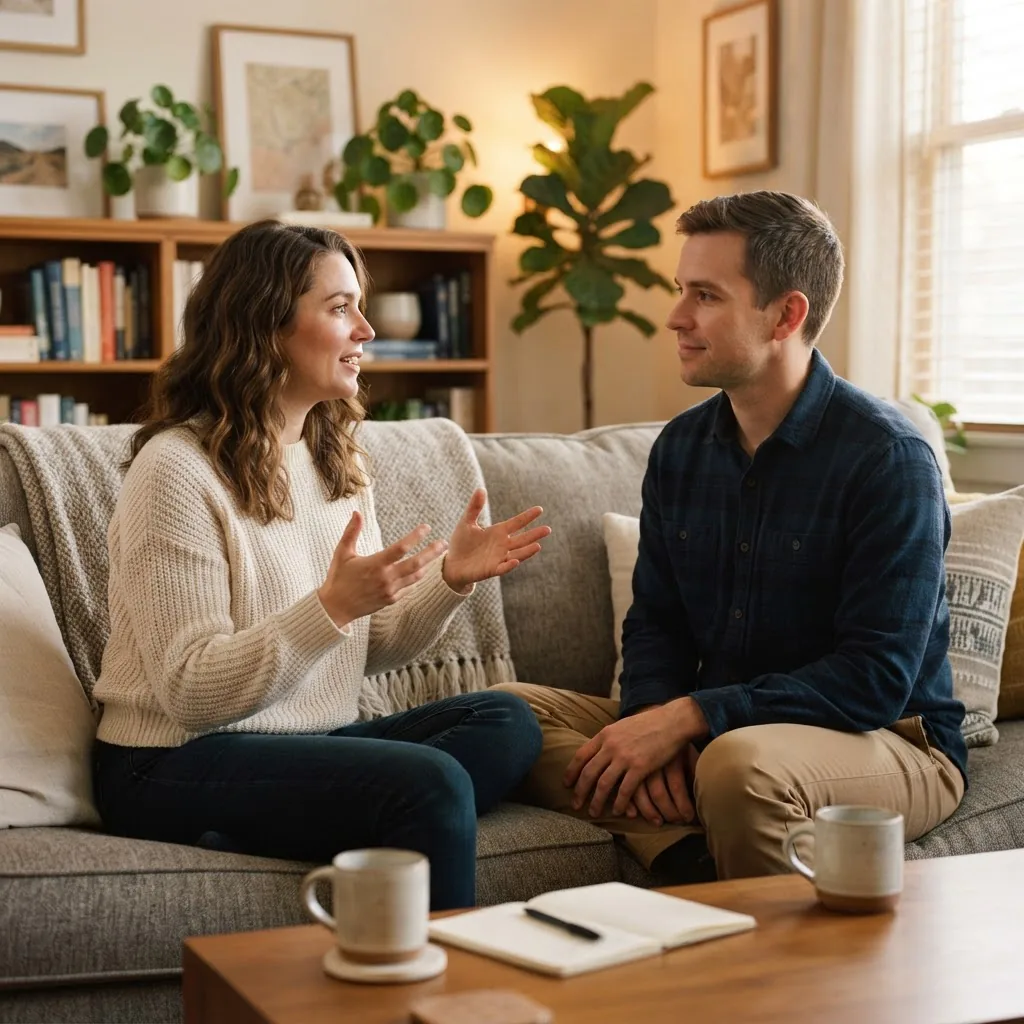 Photorealistic image showing a couple seated on a couch practicing a reflective listening exercise, one partner speaking with expressive